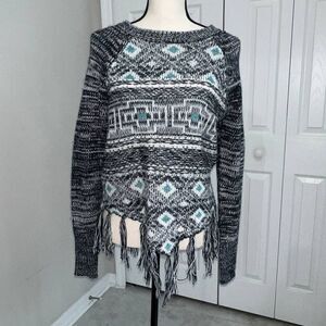 Hollister Southwest Pattern Fringe Sweater in Blue and Green - S